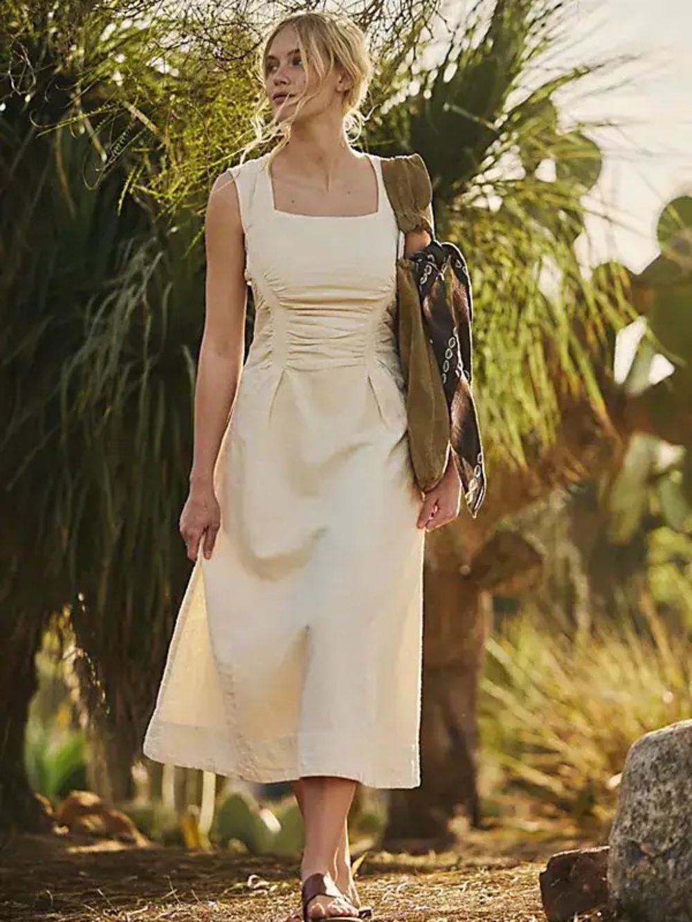 Free People Cartagena Linen Cotton Maxi/Midi Dress Ivory Open Back Boho Size M